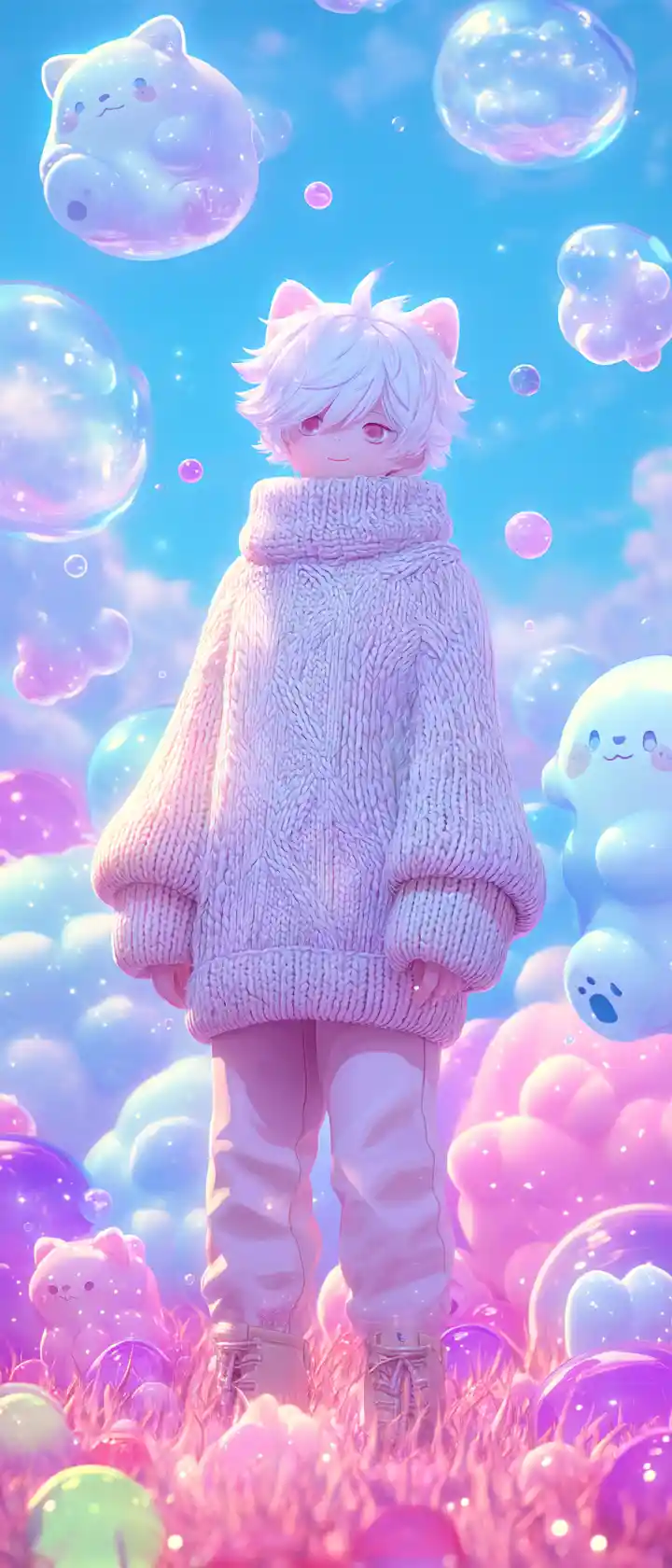 Cute anime catboy in a pastel jellybean fantasy meadow