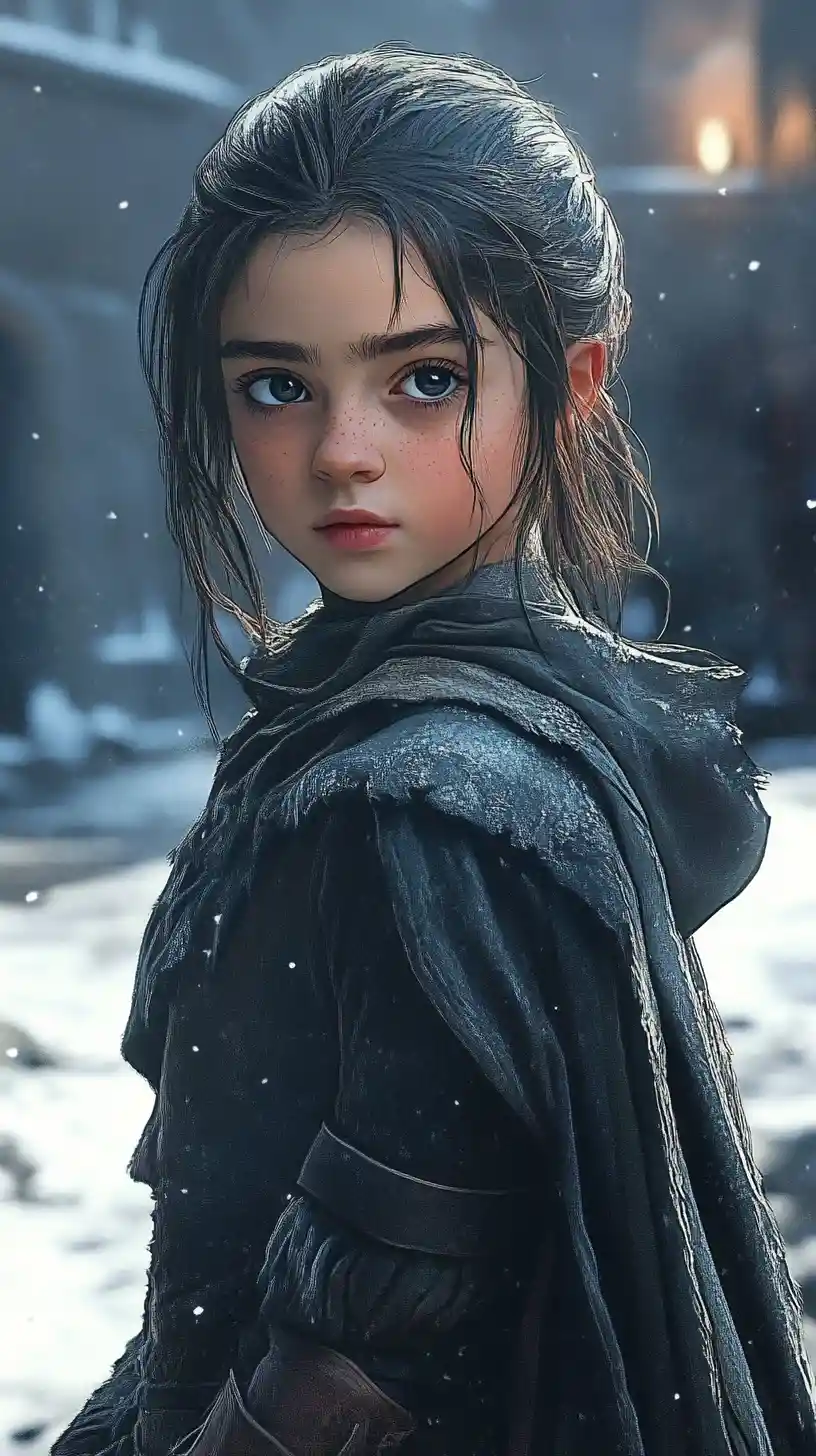 Anime girl with wolf pup in front of winter castle