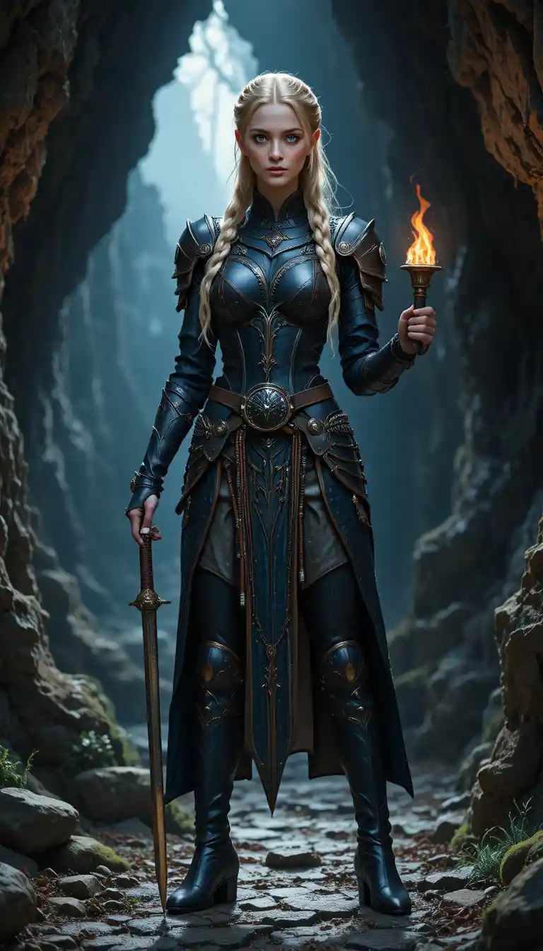 Elf warrior woman with sword and torch in cave