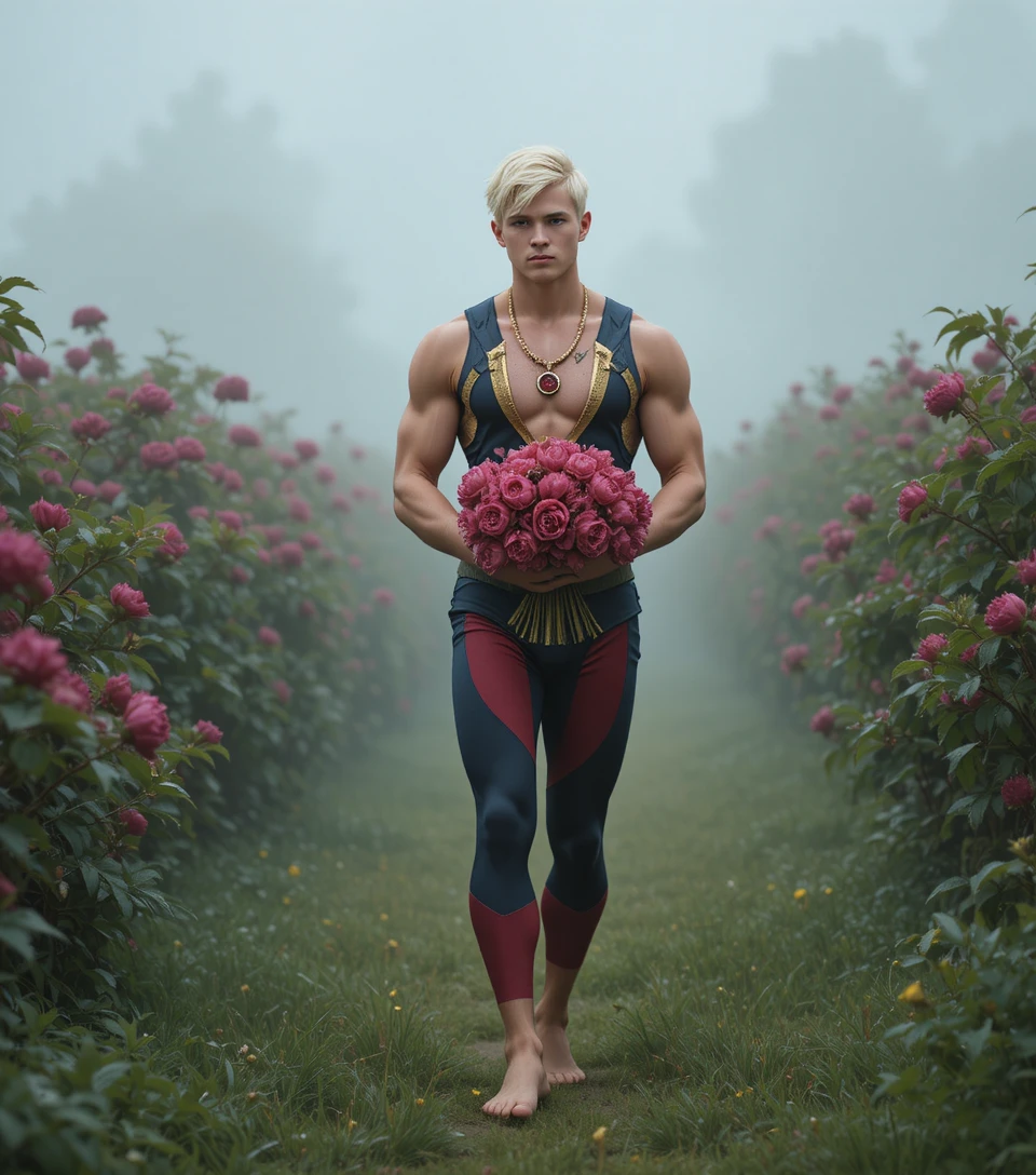 Barefoot young man walking through a misty flower field