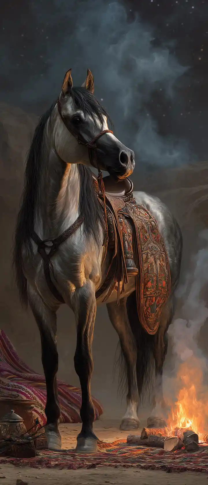 Majestic Arabian horse in an ancient desert Bedouin camp