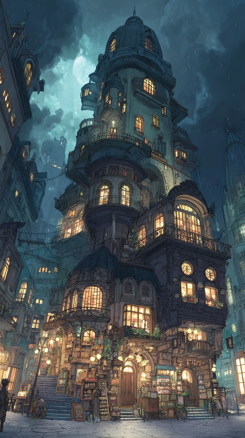 Detailed fantasy city illustration with atmospheric lighting