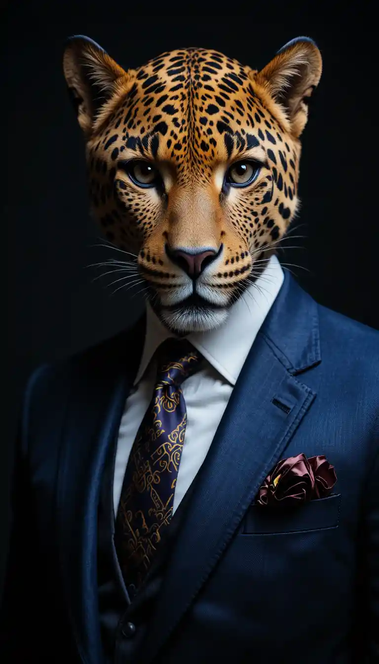 Stylish anthropomorphic leopard in a sharp blue suit