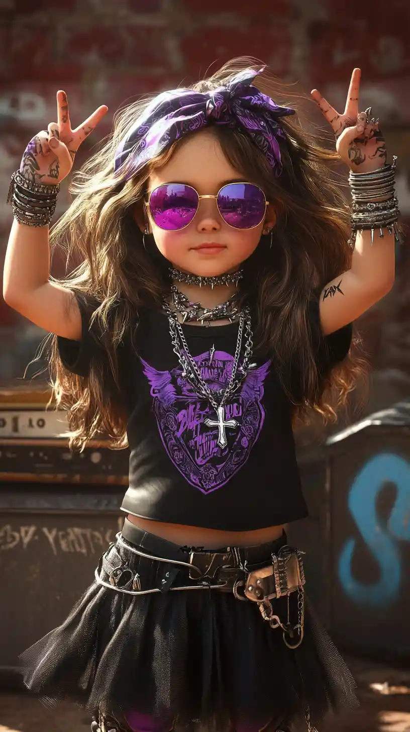 Rock girl with purple bandana and wings against brick wall