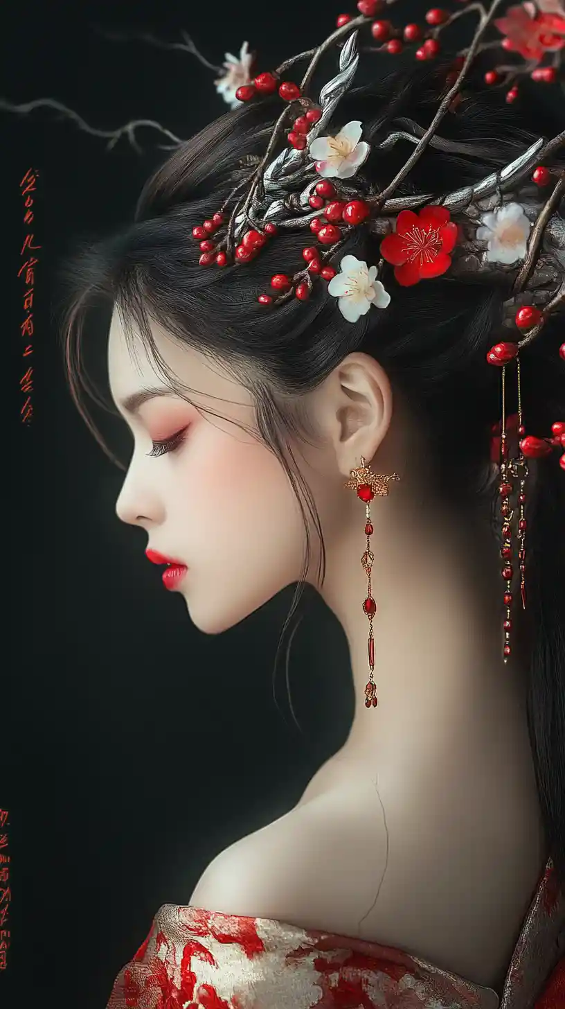 Elegant Asian woman with silver dragon and glowing red blossoms