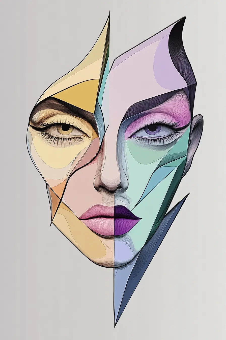 Geometric split face portrait in pastel and vibrant colors