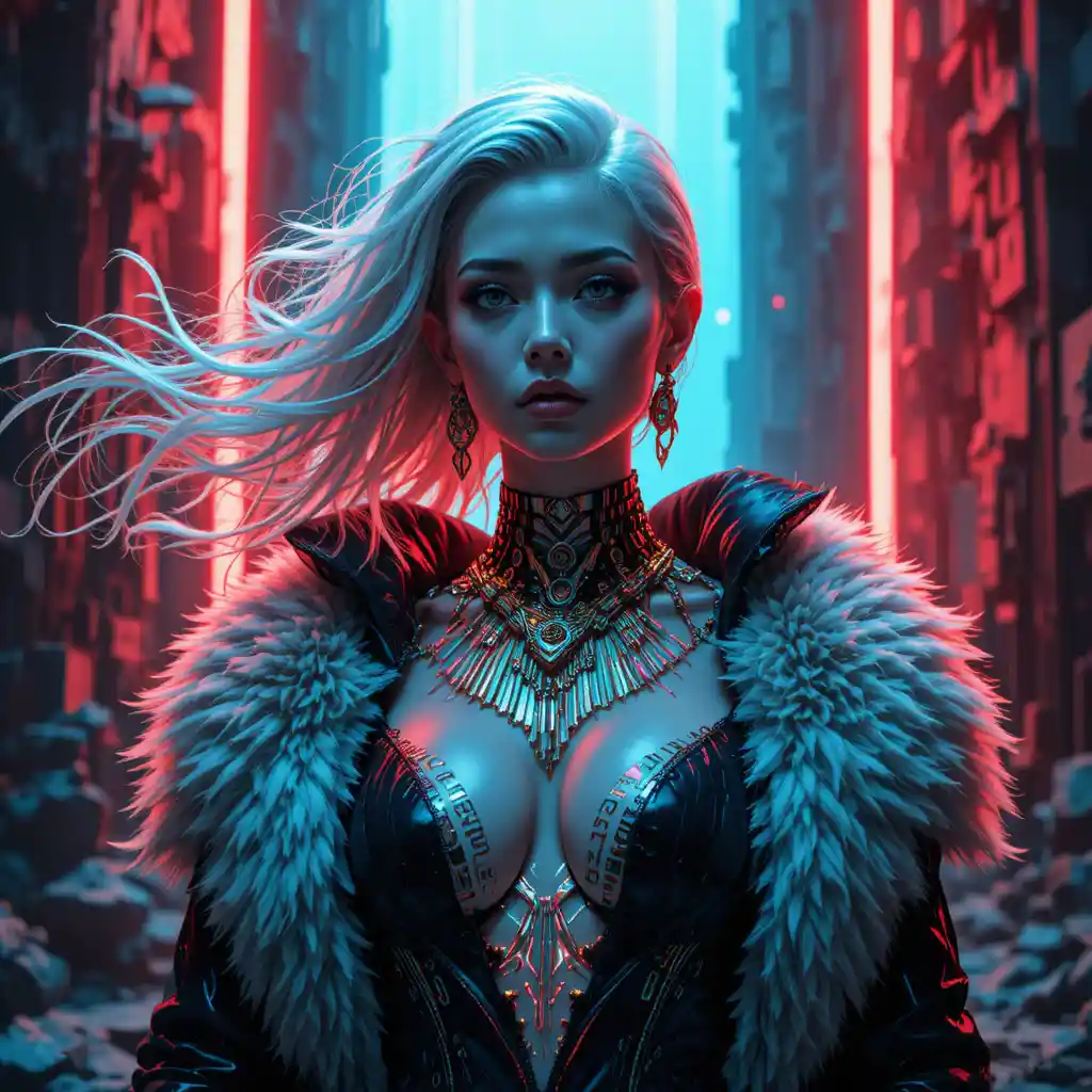 Cybernetic empress portrait in neon noir studio lighting