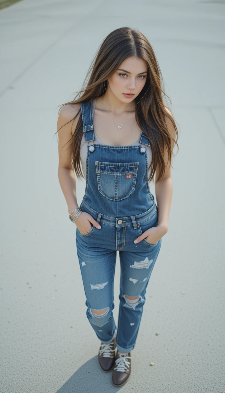 Young woman in denim overalls on light concrete pavement