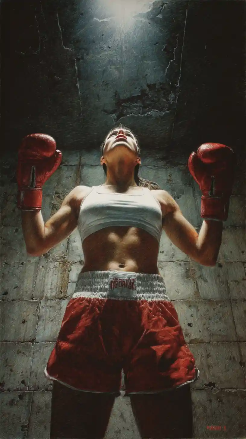 Low angle drawing of a determined female boxer