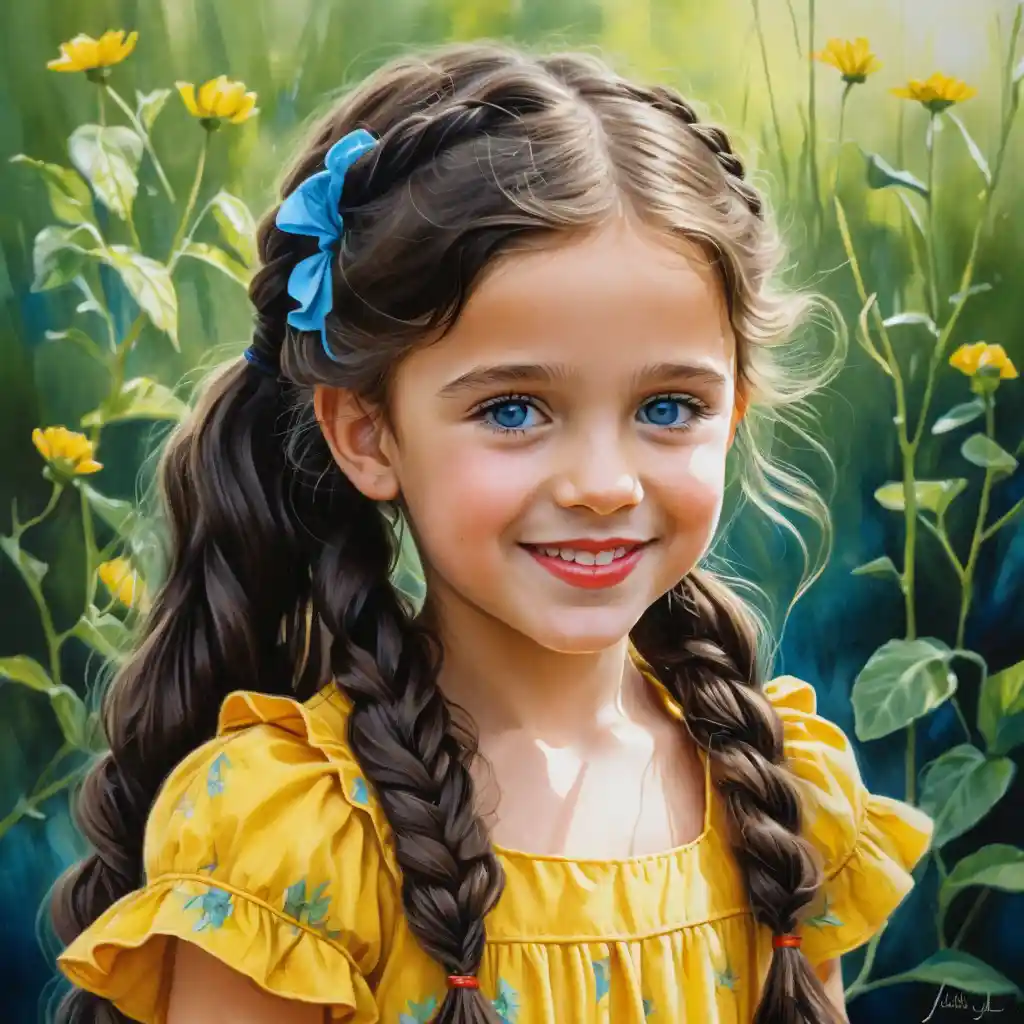 Smiling girl in yellow summer dress with flowing black hair