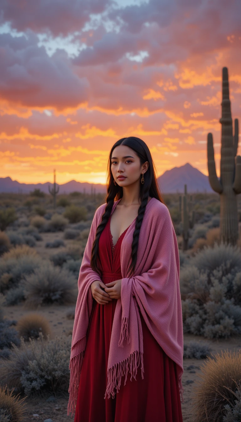 Native American woman in desert at colorful sunset