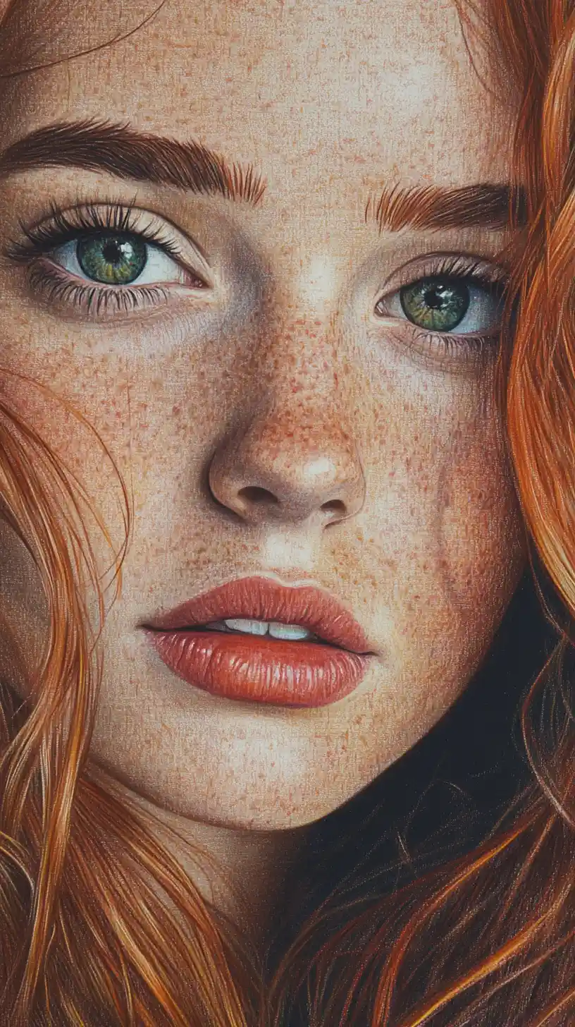 Curly auburn haired girl with green eyes portrait