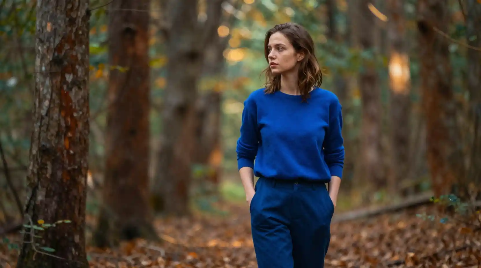 Young woman walking through a colorful abstract forest