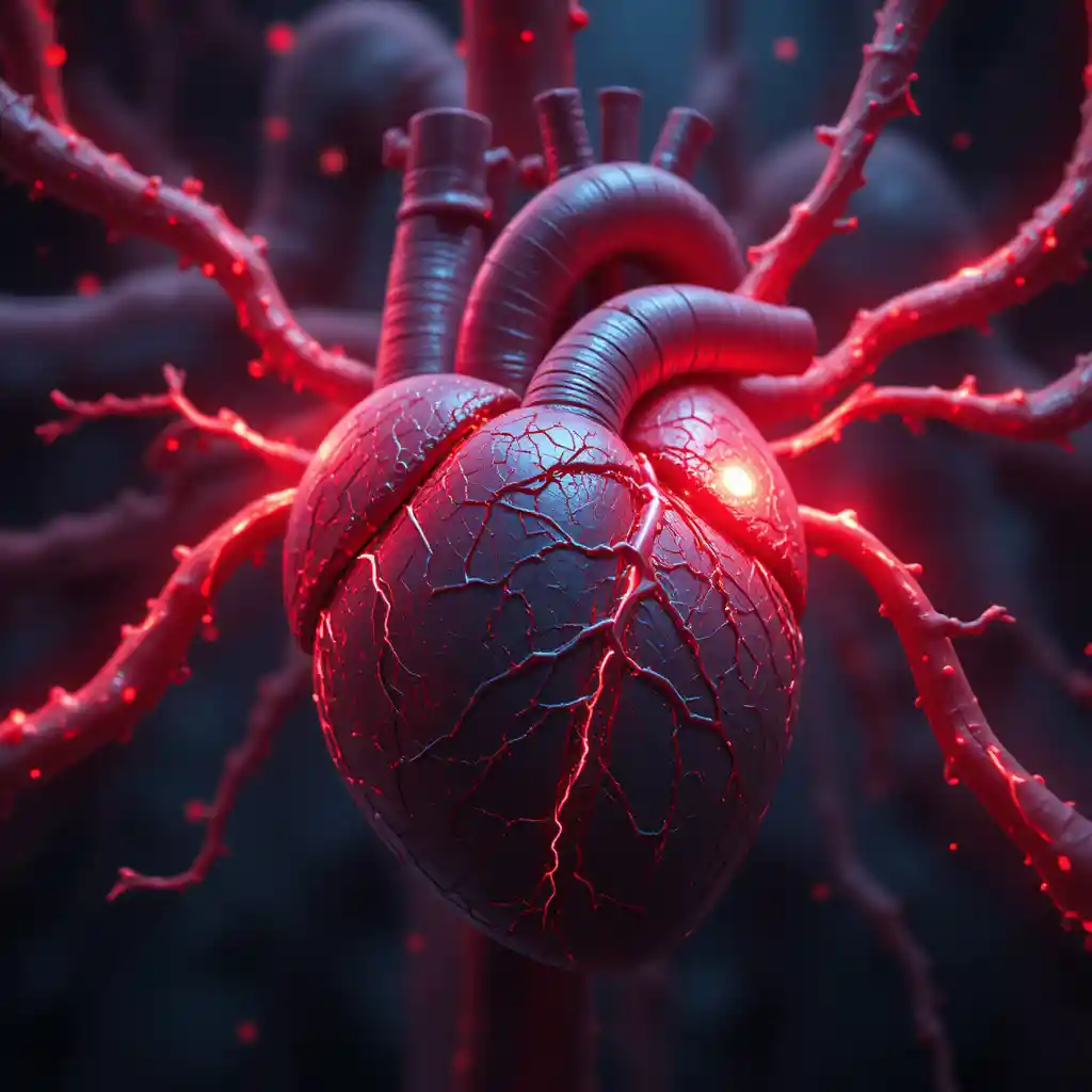 Close up 3D heart with glowing arteries and veins