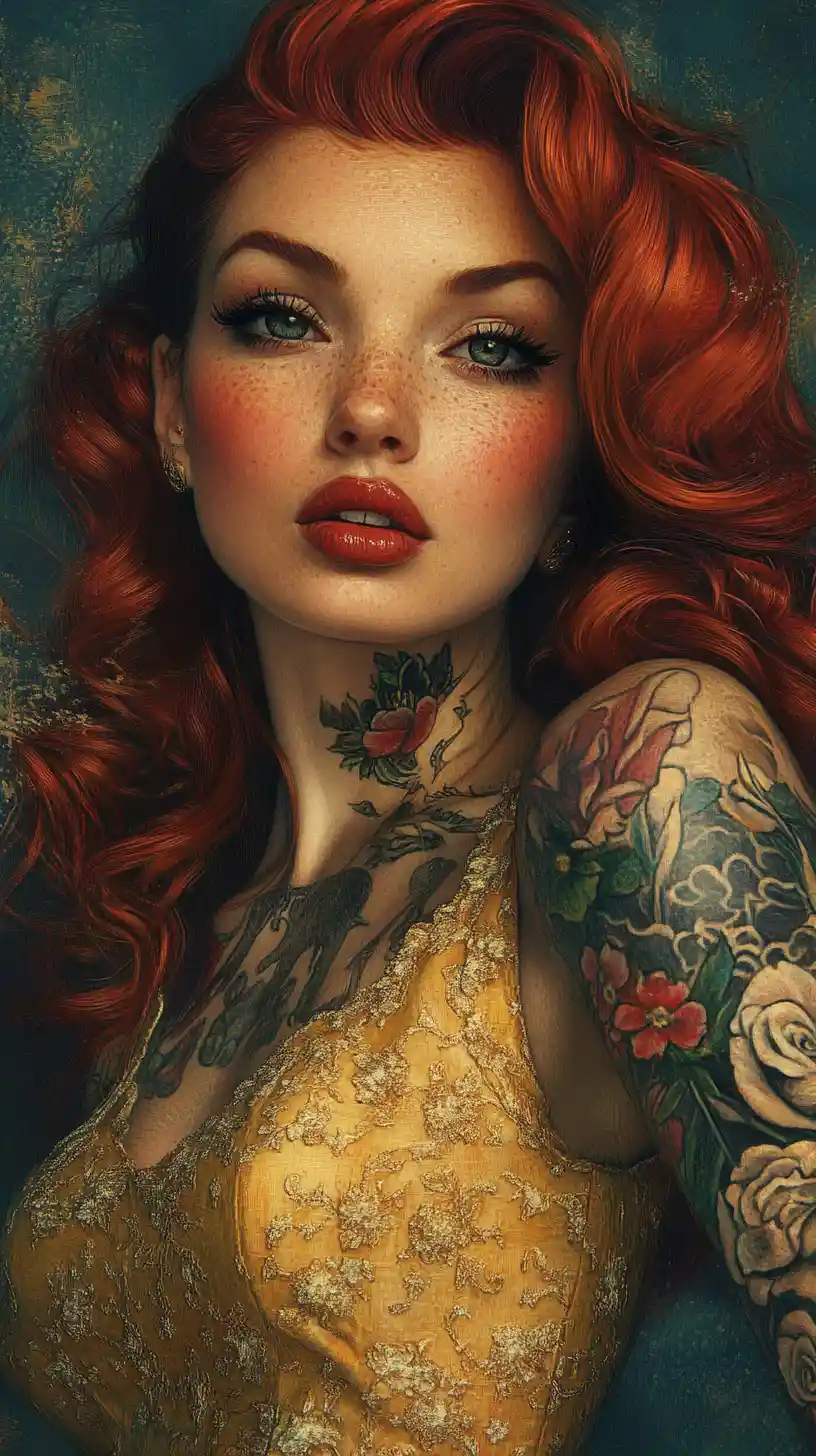 Close up tattooed red haired woman in retro rockabilly dress