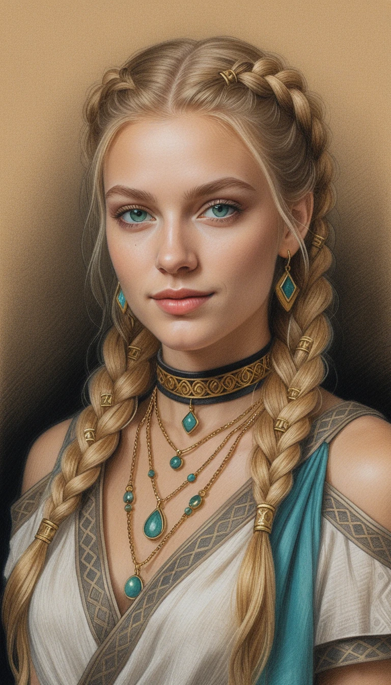 Blonde braided girl portrait in warm chiaroscuro lighting