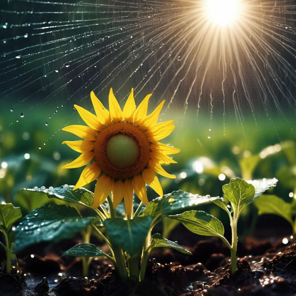 Bright sunshine breaking through rain in the open sky