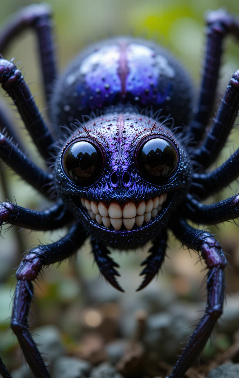 Mischievous purple cartoon spider with big googly eyes