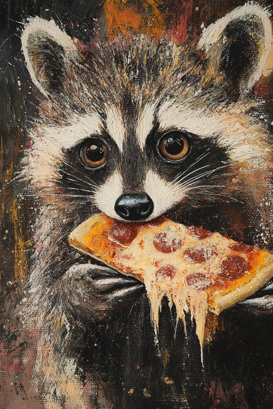 Mixed media raccoon eating a pizza slice in abstract style