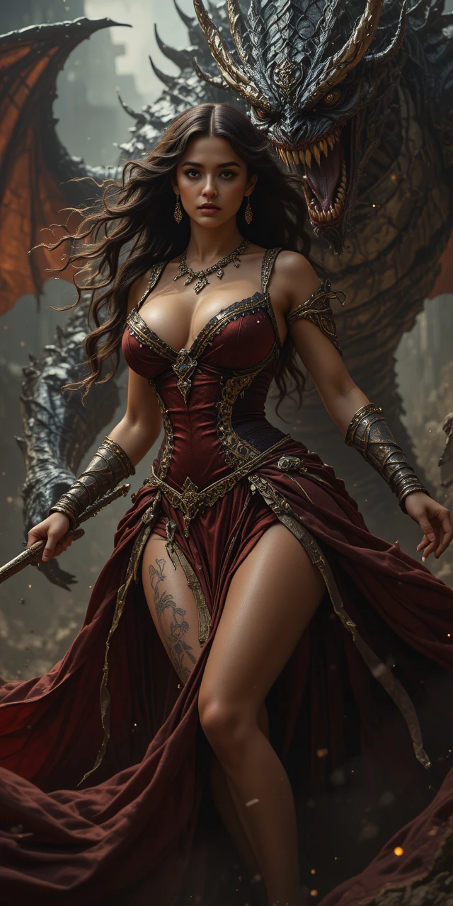 Seducente guerriera in lotta contro una mostruosa creatura fantasy