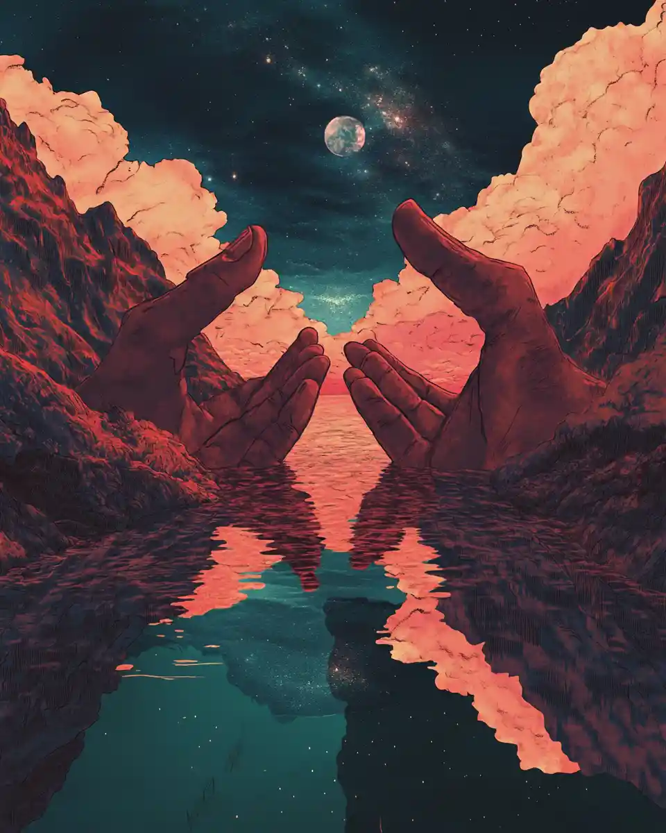Surreal digital illustration of a couple under the night sky