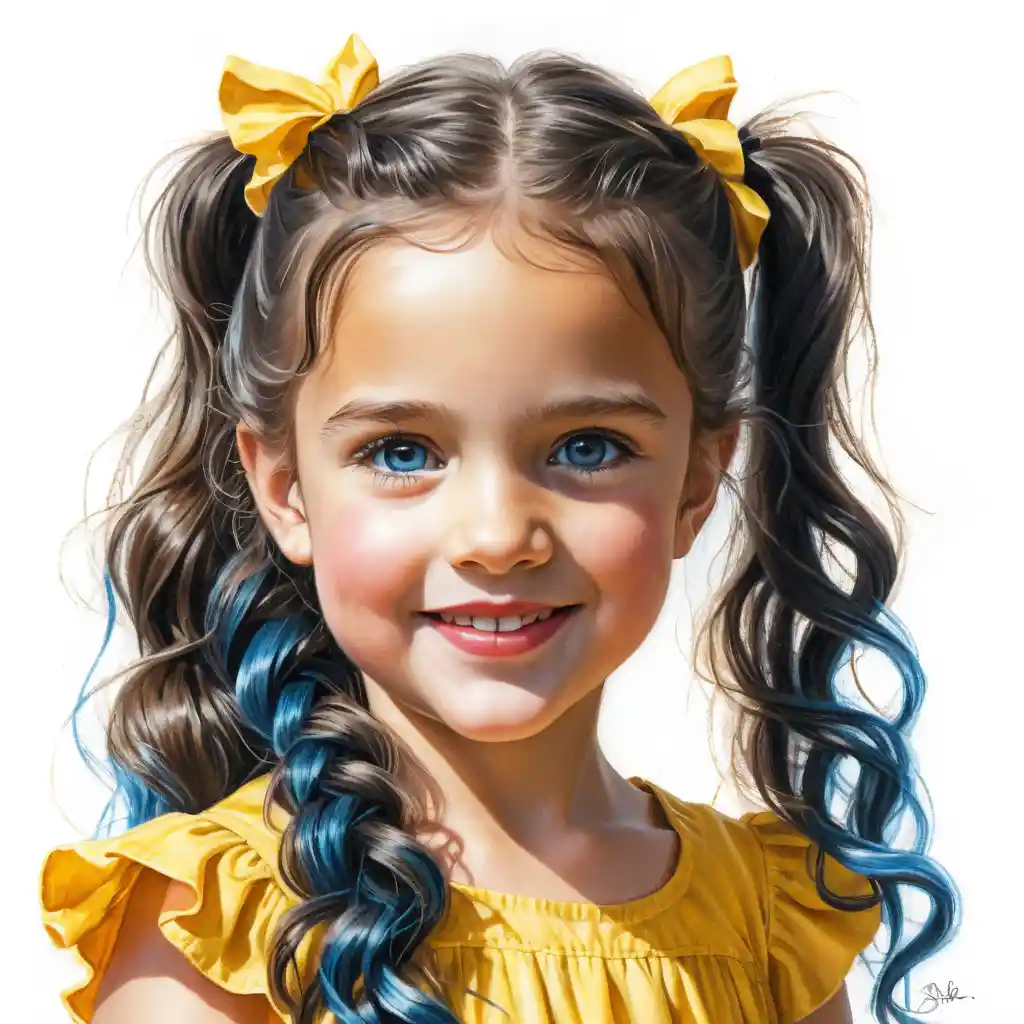 Smiling girl in yellow ruffled dress with flowing black hair
