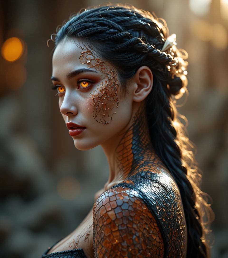 Snake skinned hybrid woman in dramatic close up portrait