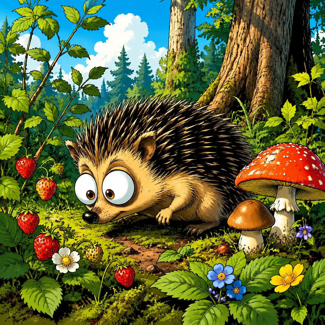 Cartoon hedgehog with big eyes in a sunny forest