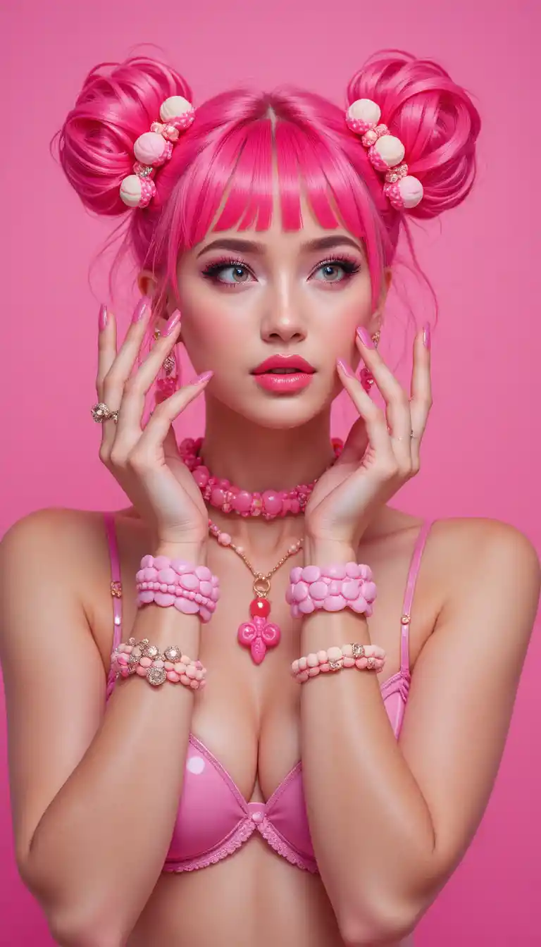 Strawberry ice cream girl in playful studio portrait