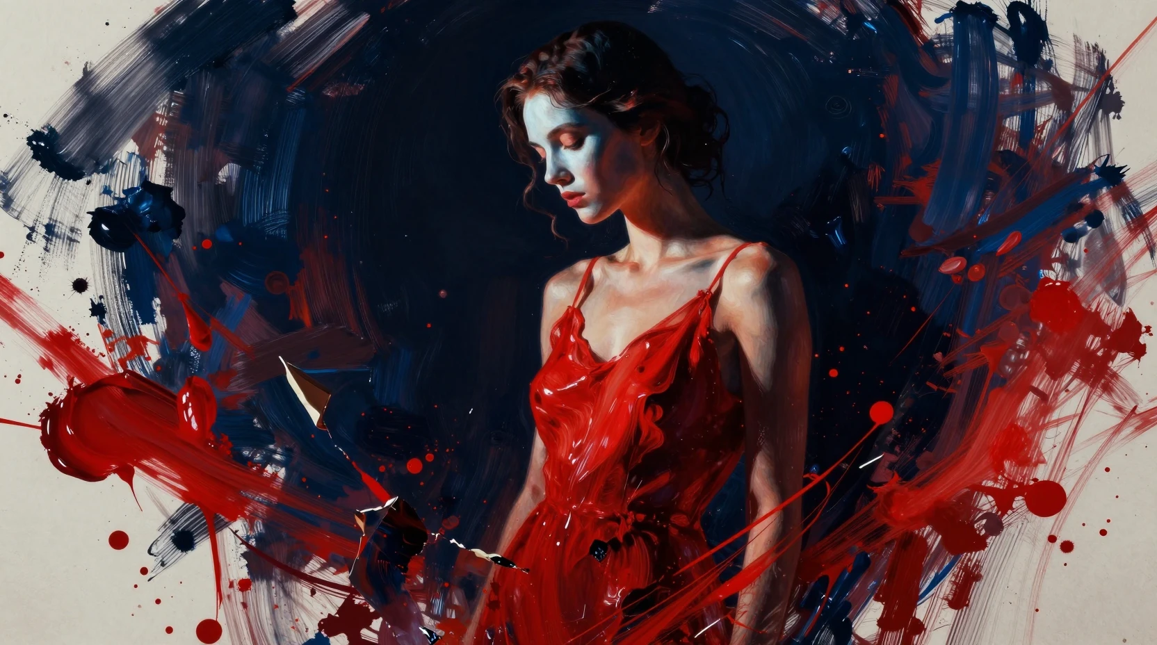 Young woman in dramatic chiaroscuro with abstract colors