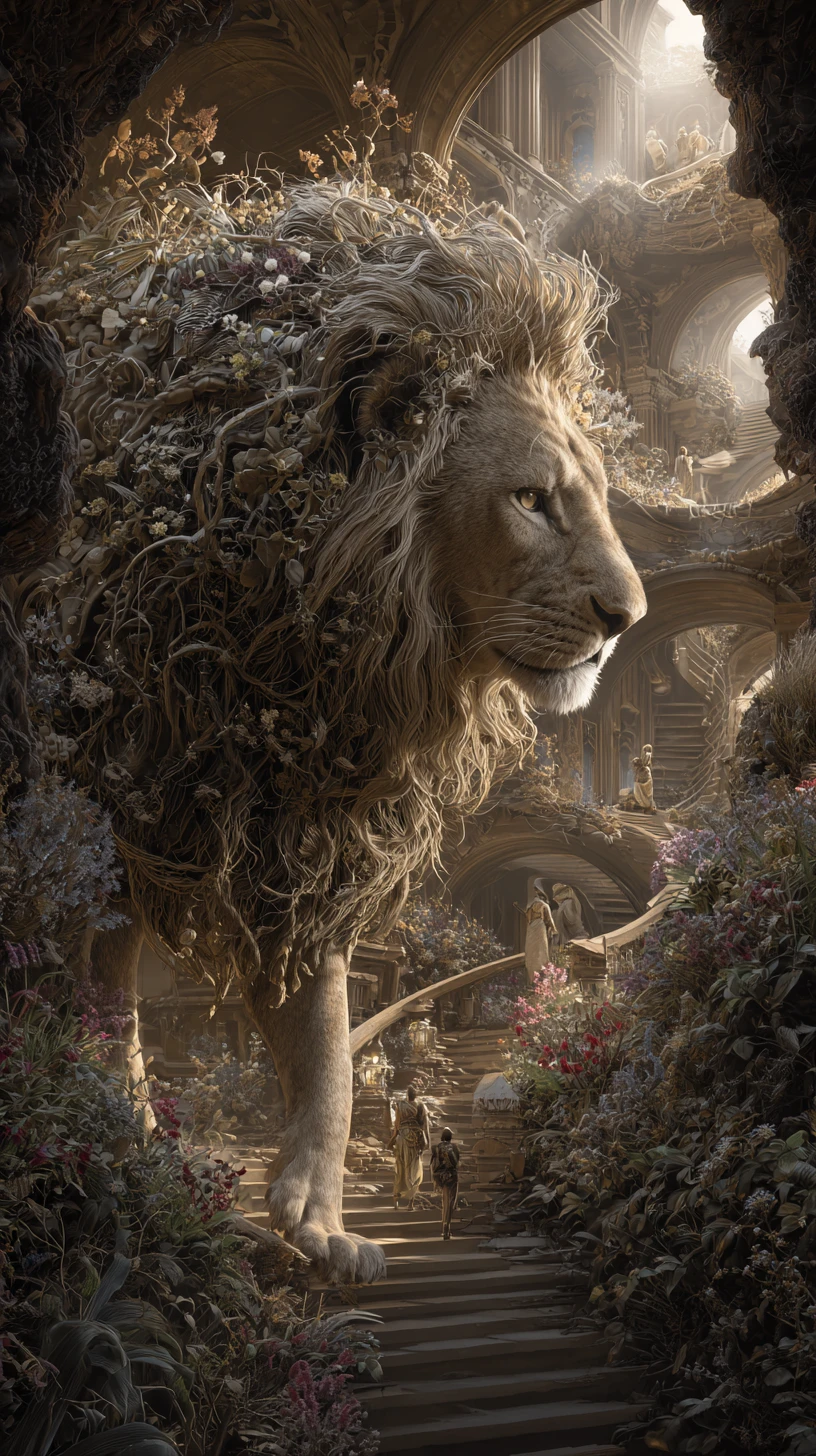 Surreal lion landscape made of roots arches and stairways