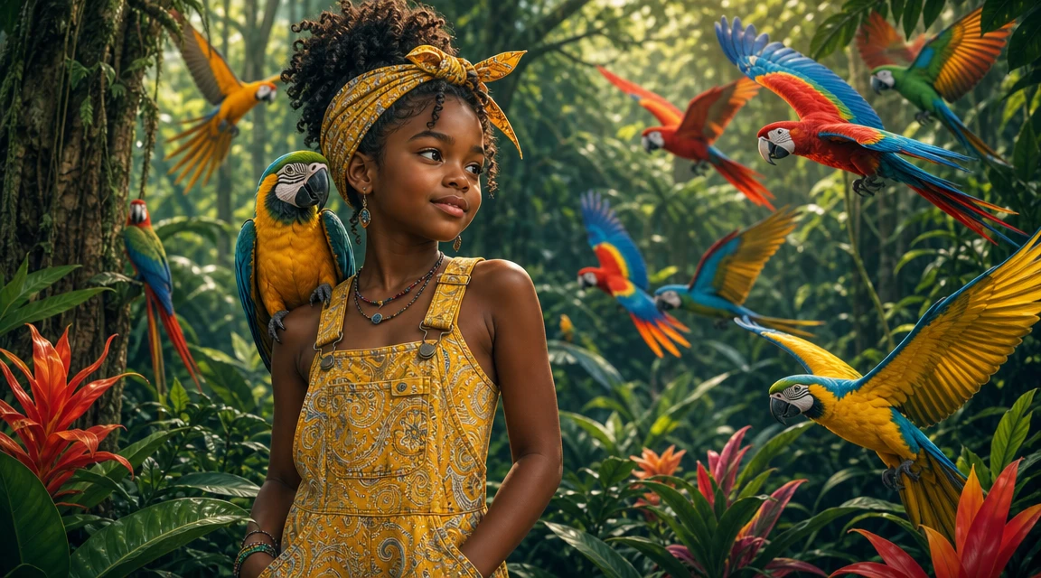Young girl with parrots in a lush Amazon jungle