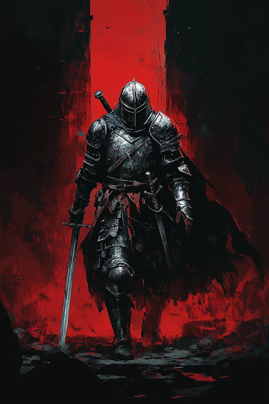 Broken armored warrior walking alone into the night