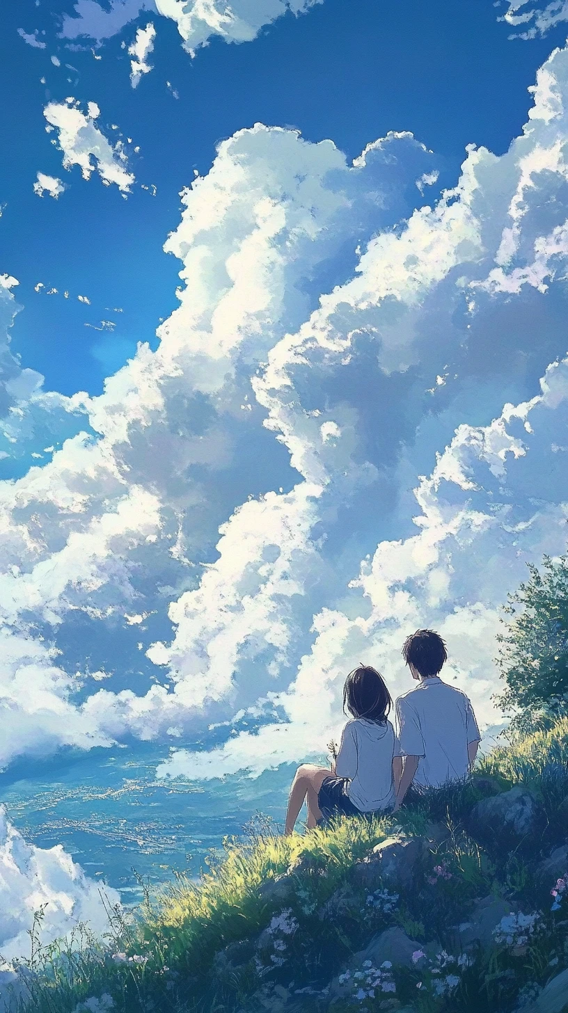 Anime couple sitting together on a mountain under clouds
