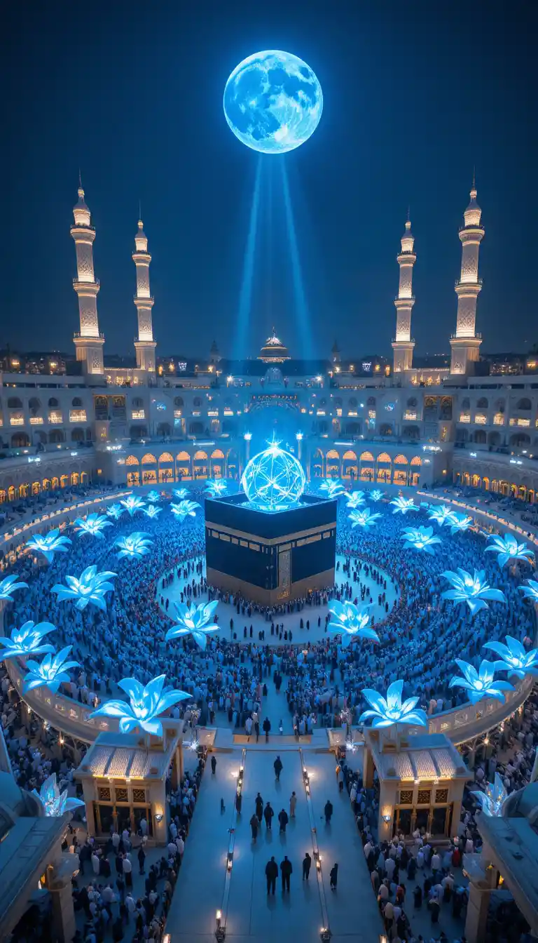 Aerial night view of the Holy Kaaba in glowing blue flowers