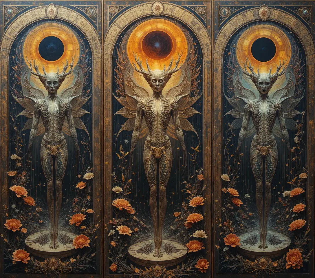 Surreal triptych of figures dissolving into abstract mosaics