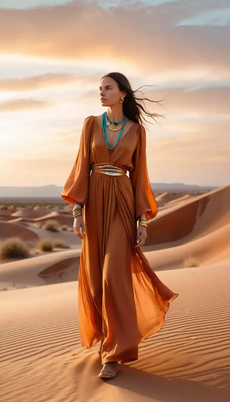 Woman in flowing dress at sunset in desert landscape
