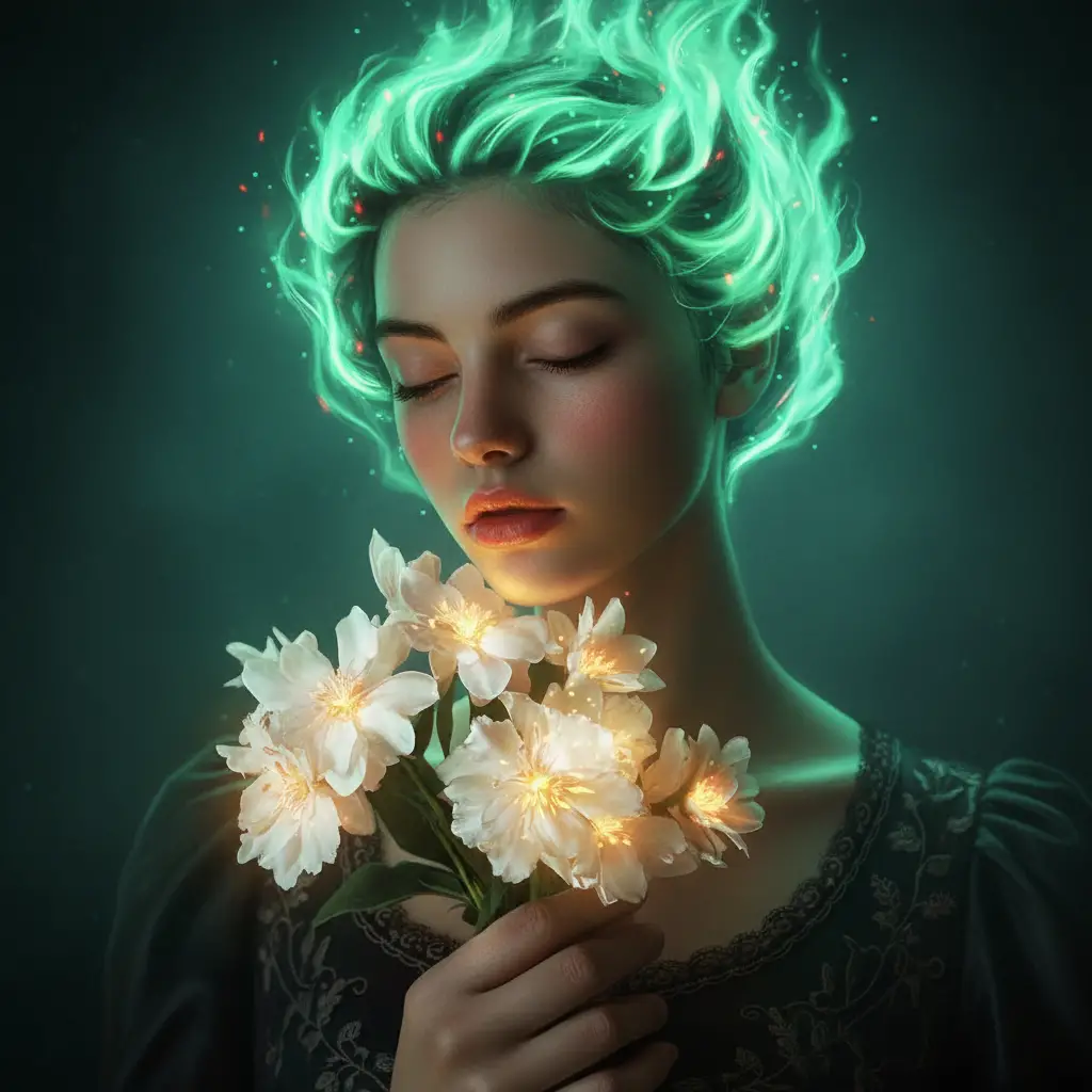 Mujer iluminada por flores brillantes y cabello de llama esmeralda