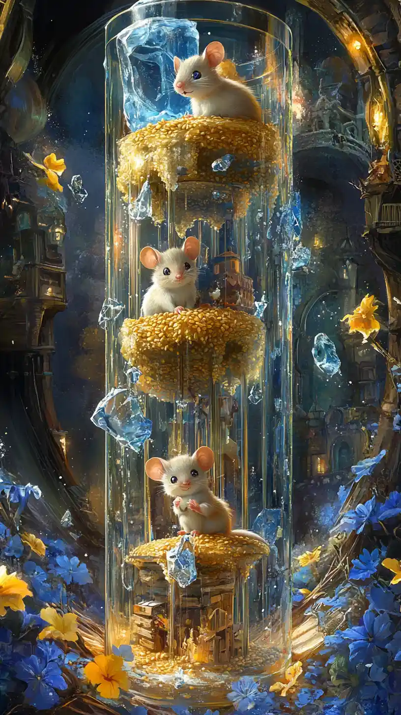 Two happy mice living inside a tall glass tube home