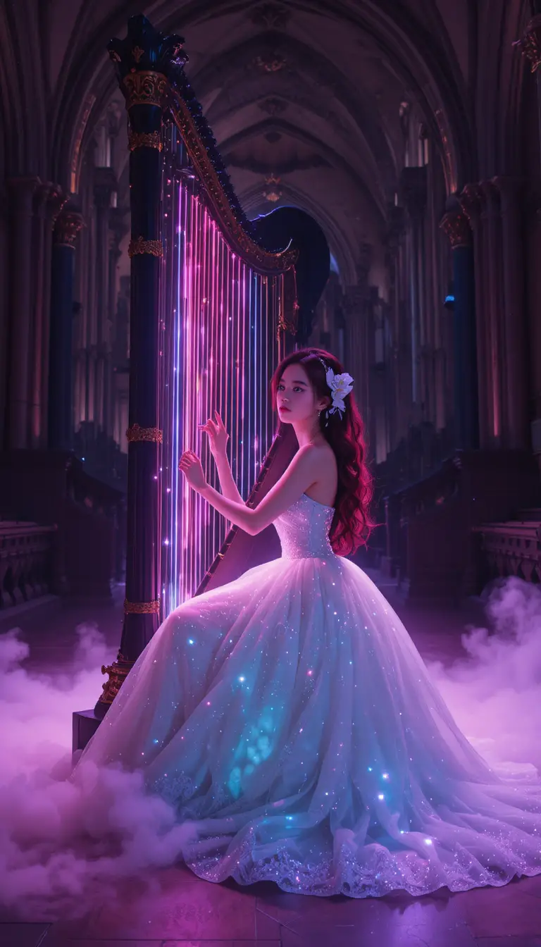 Korean woman in diamond gown playing a glowing laser harp