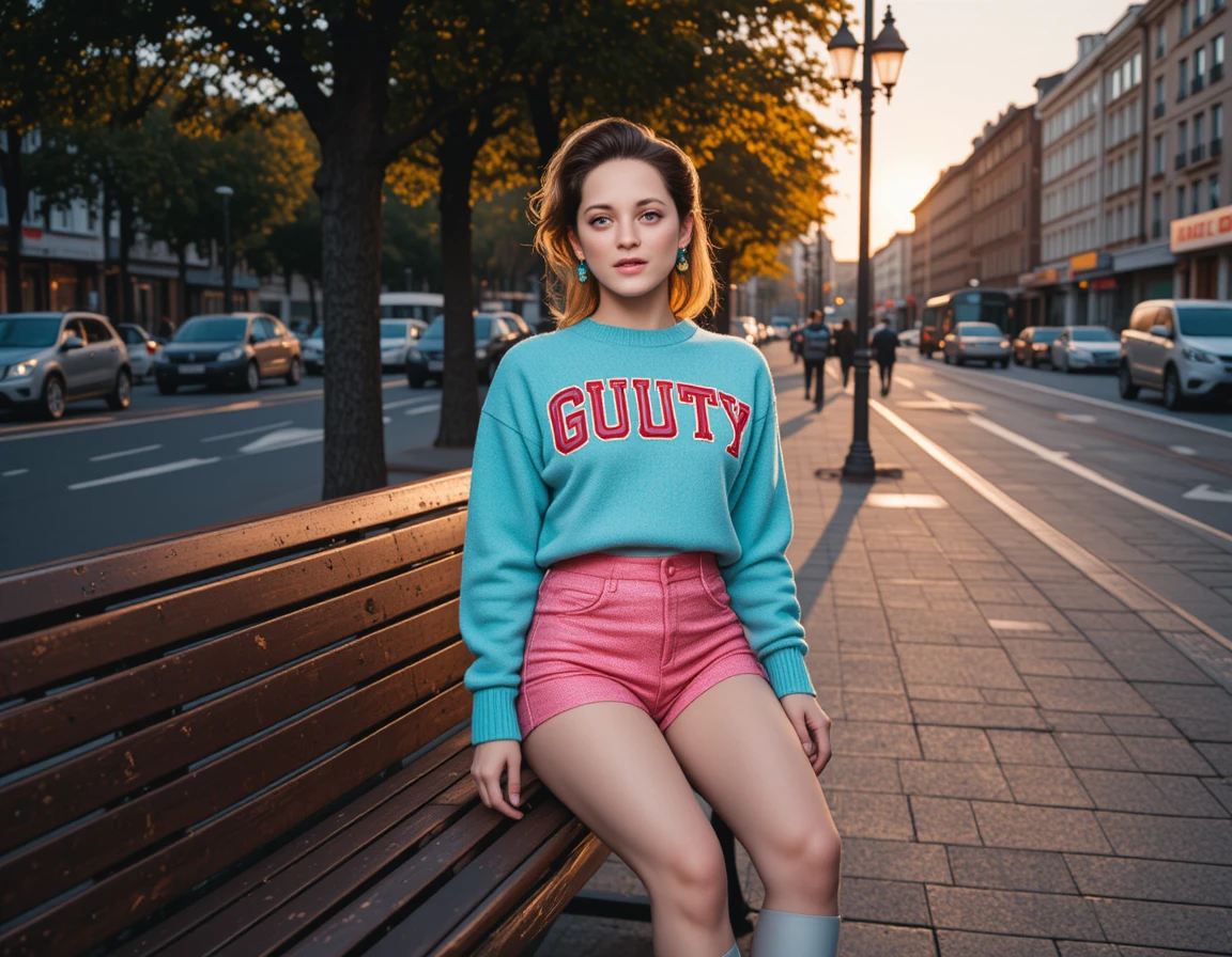 Blonde woman on city street bench at warm sunset