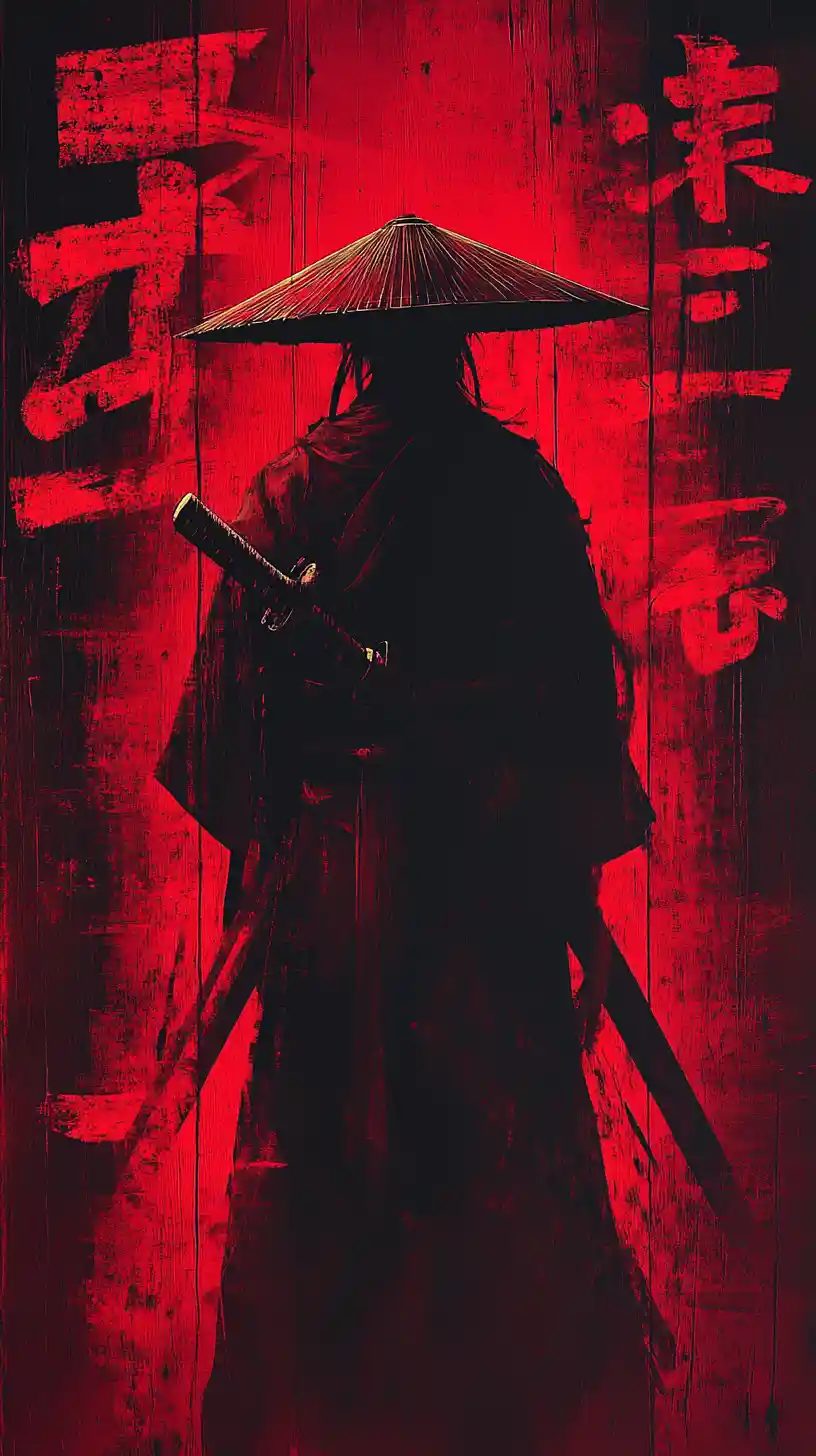 Silhouetted samurai under red light before kanji wall