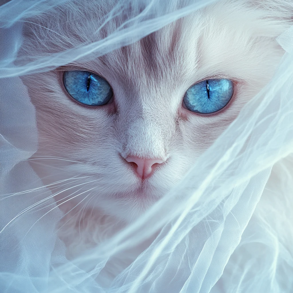 Close up of white cat face behind sheer curtain
