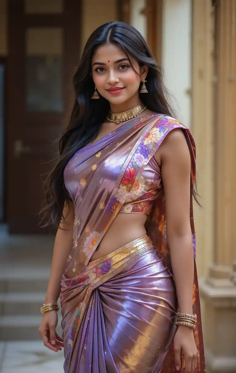 Tamil woman in glossy saree with exposed midriff