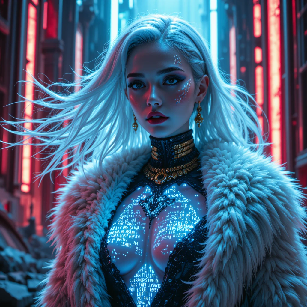 Cybernetic empress portrait in icy cyan and crimson light
