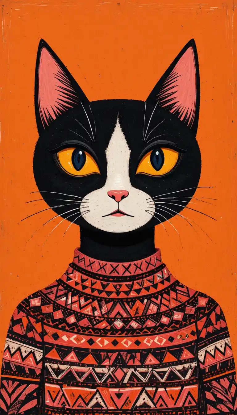 Geometric folk art portrait of a split face bicolor cat