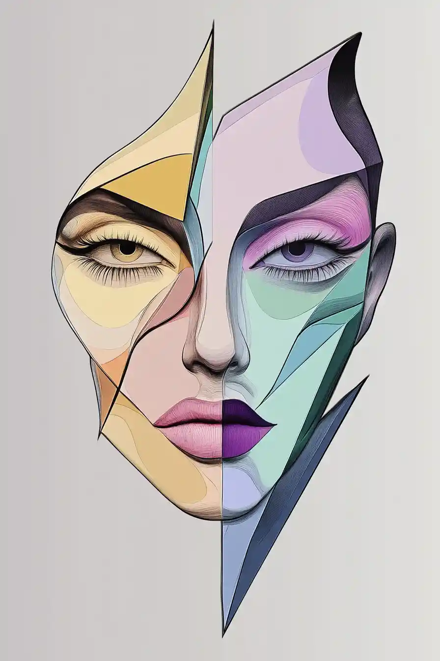 Geometric split face portrait in pastel and vibrant colors