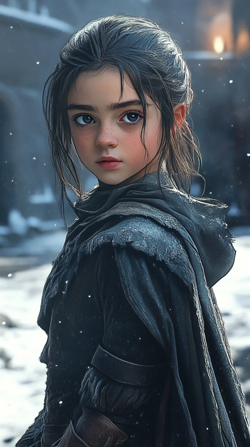 Anime girl with wolf pup in front of winter castle