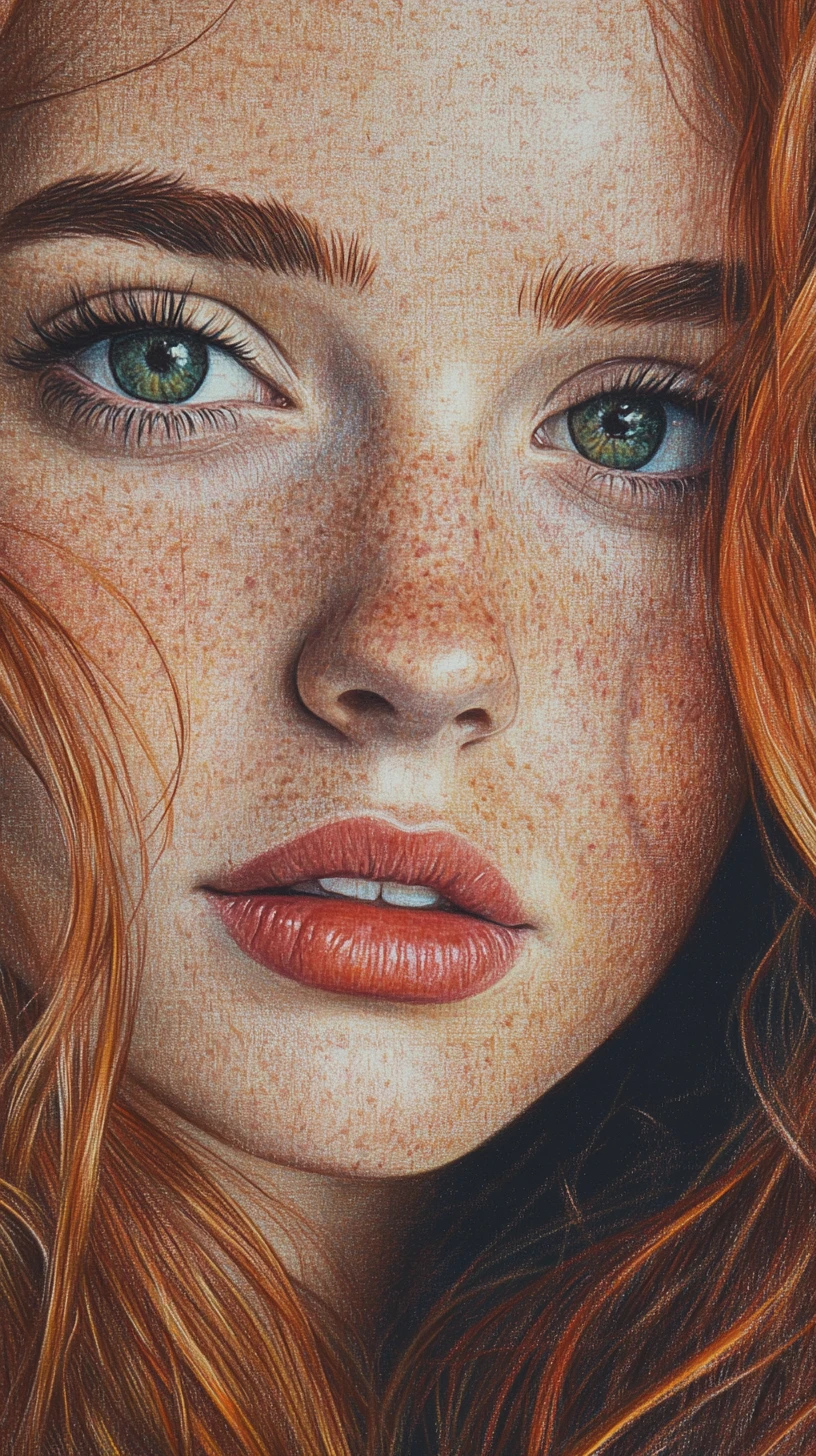 Curly auburn haired girl with green eyes portrait