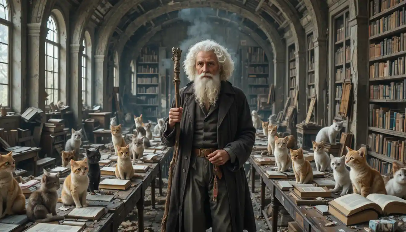 Old man with staff among cats in ruined library